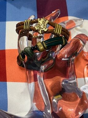 Braided Brown Leather Bracelet with Gold Turtle Charm and Green Accents